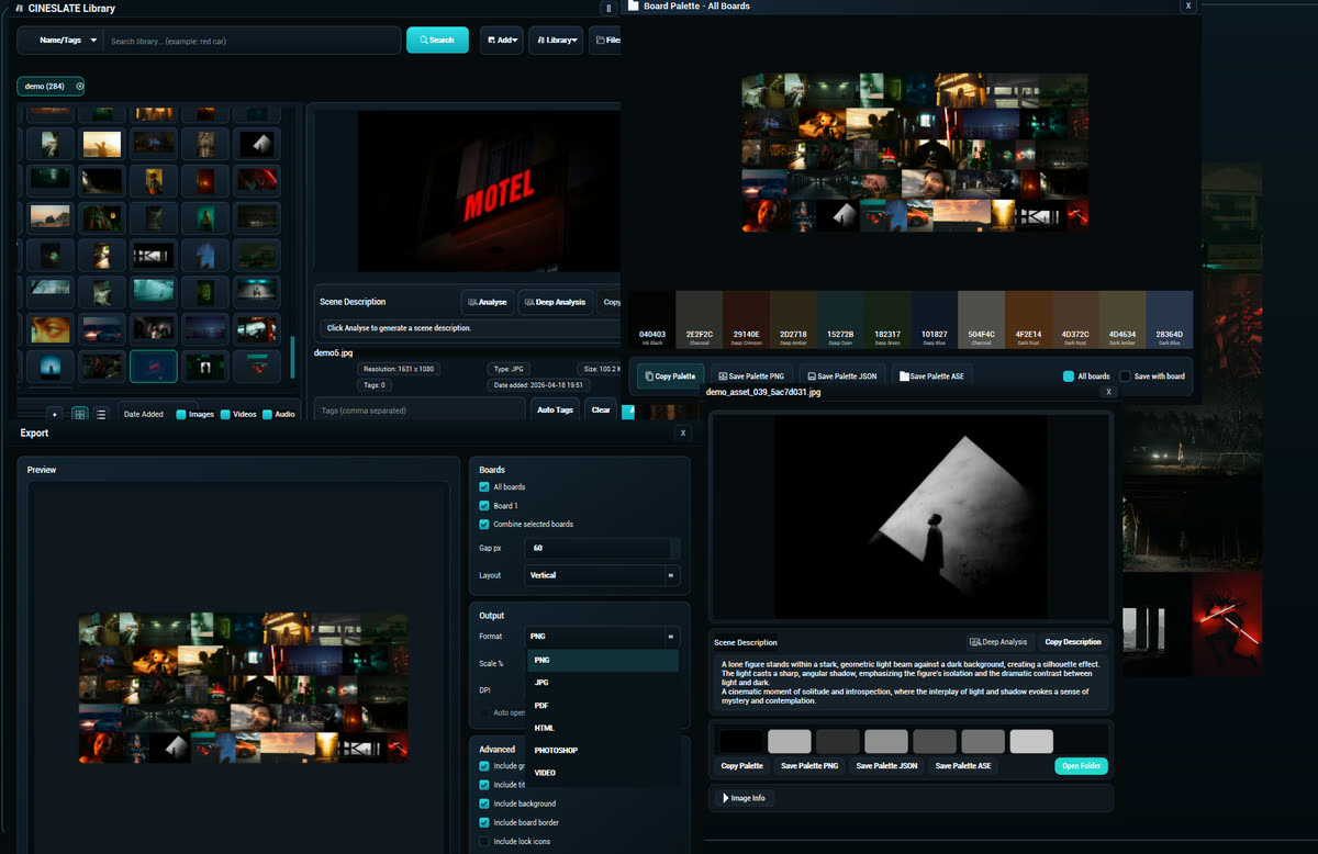 CINESLATE creative library, board palette, image inspector, and export dialogs for cinematic moodboard workflows